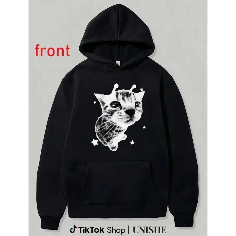 Vintage Y2K Alien Cat Meme Hoodie for Men & Women – Retro Silly Kitty Design Classic Prints Layer Sweatshirts