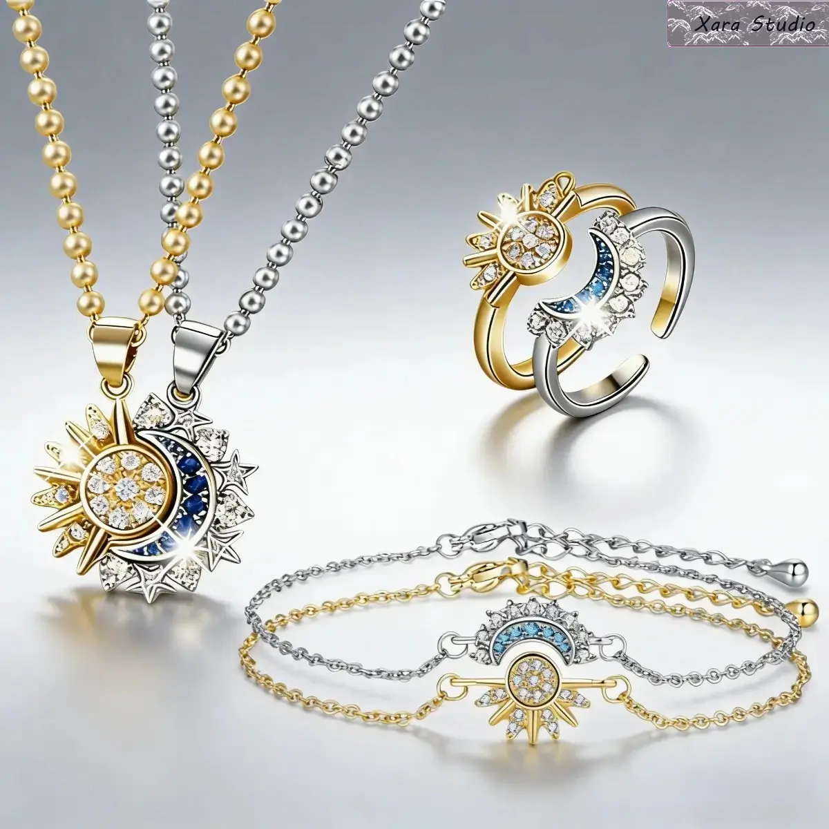 Sun and Moon Jewelry Set for Women Celestial Necklace Ring Bracelet Stackable Y2K Jewelry Set, Gold Silver Minimal Matching Jewelry Set, Lightweight Elegant Gift Set for Daily Wear, Travel, Party & Special Occasions