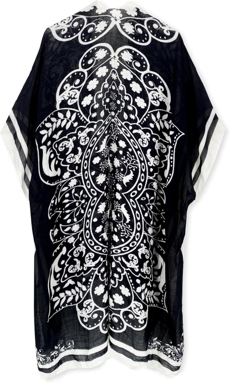 Black and White Kimono Cardigan for Women Lightweight Flowing Open Front Cover Up with Boho Ethnic Print Chic Monochrome Style Ideal for Summer Beach Vacation Cruise Pool Resort Travel Daily Layer for Sun Protection or Casual Outfits