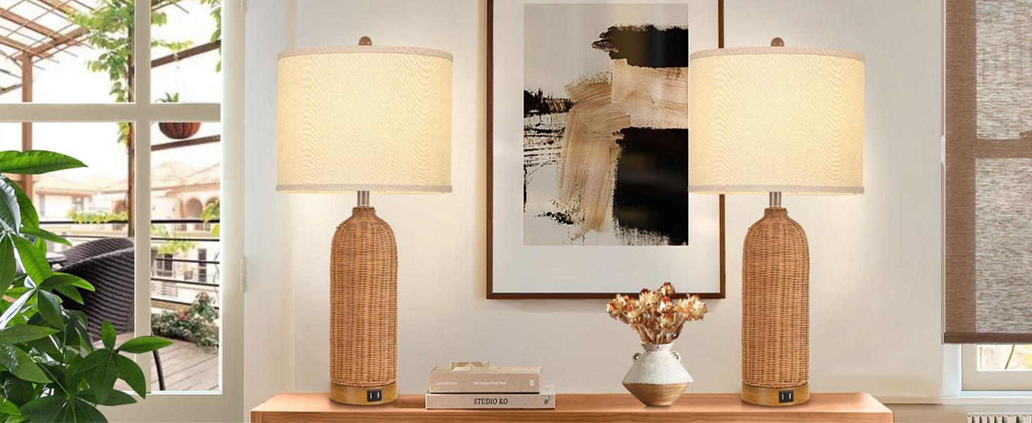 Set of 2 Rattan Table Lamps with 2 USB Ports, 29'' Tall Farmhouse Lamp for Living Room, Bedroom, Office, Vintage Brown Desk Nightstand Lamps with Oatmeal Fabric Linen Shade, Large Size