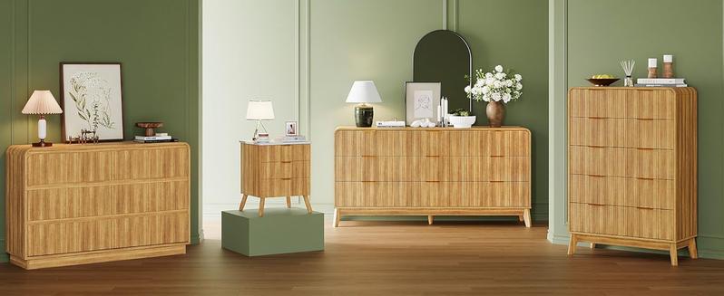 Fluted 6 Drawer Dresser for Bedroom, 48" Wide Handleless Chest of Drawers with Curved Profile Design, Modern Wooden Dresser TV Stand with Organizer Storage for Living Room, Entryway, Natural Oak