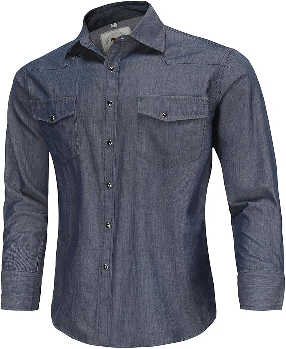 COEVALS CLUB Men's Denim Western Cowboy Pearl Snap Casual Button Down Up Long Sleeve Soild Work Shirt