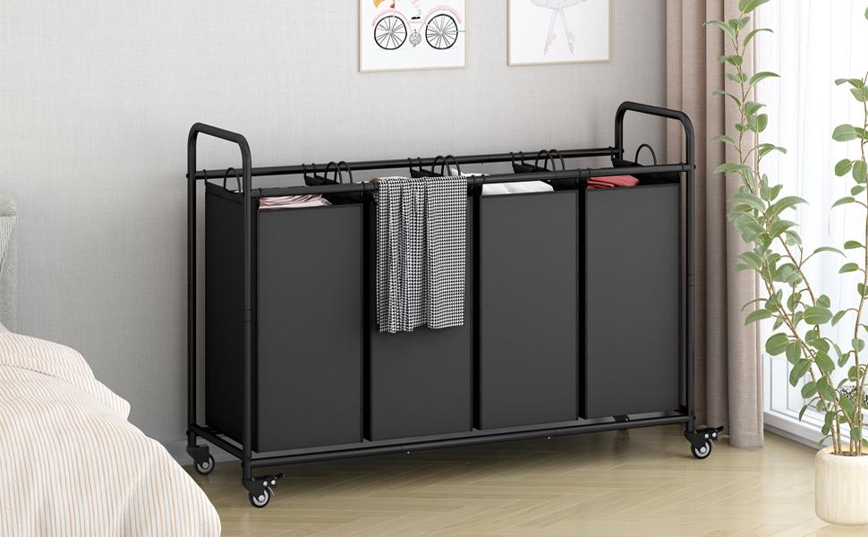 4 Bag Laundry Basket Sorter Cart with Storage Shelf Laundry Hamper with Rolling Wheels for Clothes Storage Laundry Organizer Large Capacity Multifunctional Household Metal Organizer