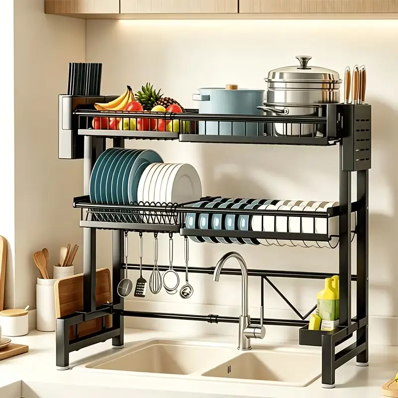 Over The Sink Dish Drying Rack, 2 Tier Stainless Steel Expandable Dish Rack, Adjustable Kitchen Counter Storage Shelf with Drainage, Space Saving Organizer, Easy to Assemble & Clean