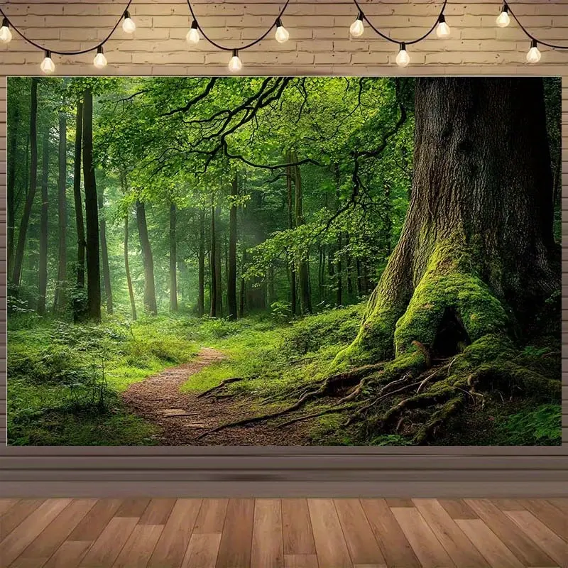 Polyester Canvas Forest Path Backdrop - Vibrant Tree Path Print, Majestic Forest Design, Decorative Wall Decor for All Seasons Ceremony & Home Use, Universal Size