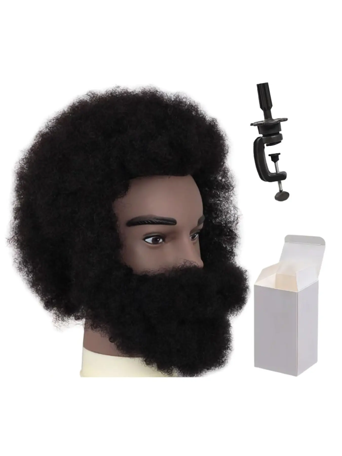 Real Hair Beard Model Head, African Explosive Hair Afro with Stand, 100% Pure Human Hair, Real Touch, Barber Practice Dummy Head