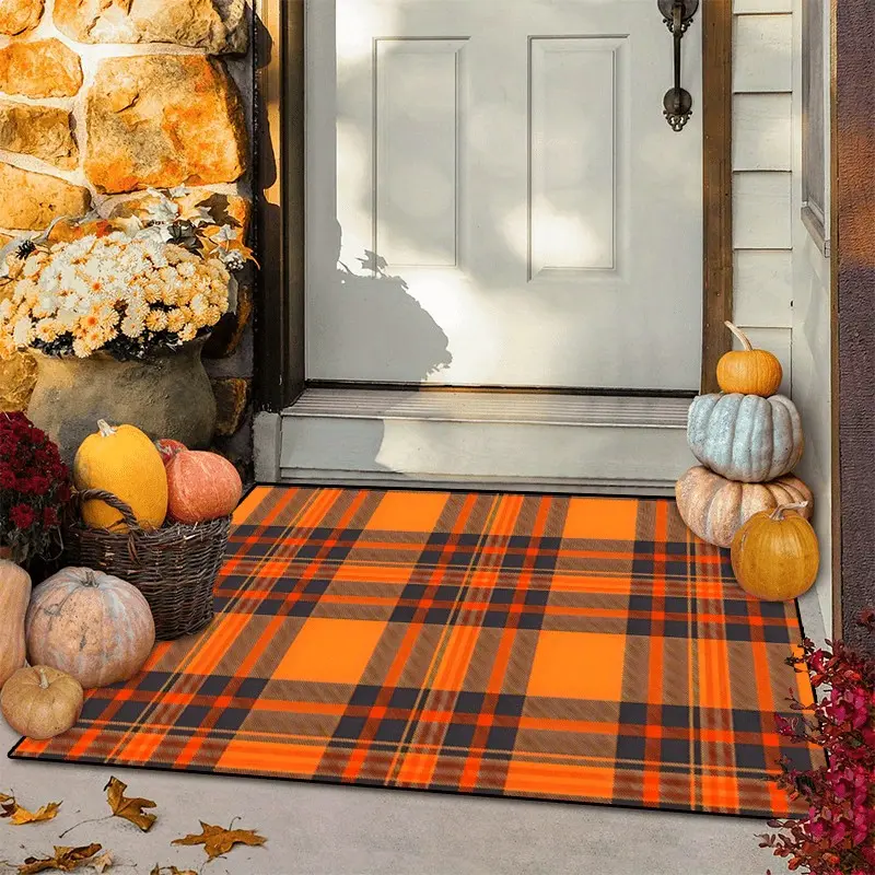 1Pc Thanksgiving Autumn Orange Brown Plaid Square Short Plush Rug, Vintage Orange Black Brown Scottish Tartan High Density Floor Mat, Skin-Friendly Wear Resistant Anti-Shed Harvest Fall Holiday Decor Foot Mat for Living Room Bedroom Entryway