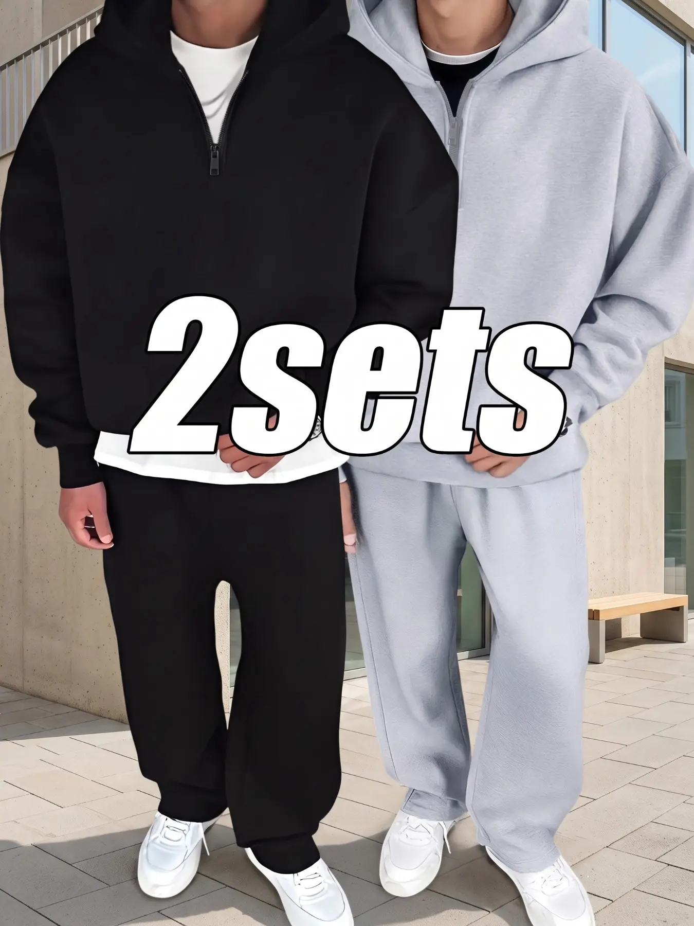 Soft Polyester 2 Sets Men Half Zip Hoodie & Cuffed Sweatpants Outfit, Solid Color Oversized Loose Matching Tracksuit, Ropa Caballero Hombre Uomo Mens Clothing, Casual Streetwear Set For Daily Loungewear Outdoor Workout, Athleisure Tracksuit Outfit
