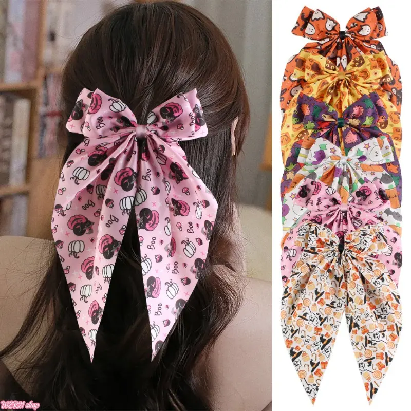 [HalloweenTok]6PCS Halloween Print Long Streamer Alligator Hair Clip for Women | Viral 2026 Large Fabric Hair Barrette, Spooky Vibe Fashion Head Accessory, Versatile Hair Ornament for Holiday Party Daily Cosplay Street OOTD Gift