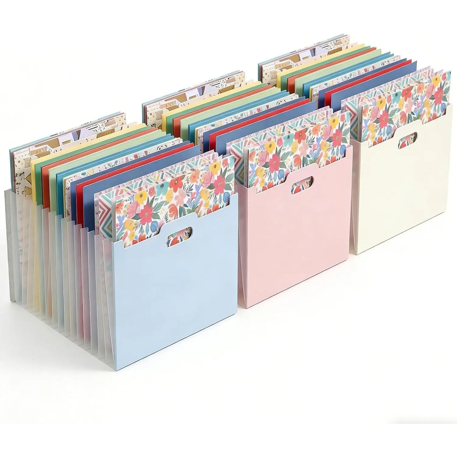 12x12 Scrapbook Paper Storage Organizer with 13 Expandable Pockets, Large Desktop Paper Holder for Craft Room Sticker Storage and Organization (3 Pack, Blue/Cream/Pink)Gift