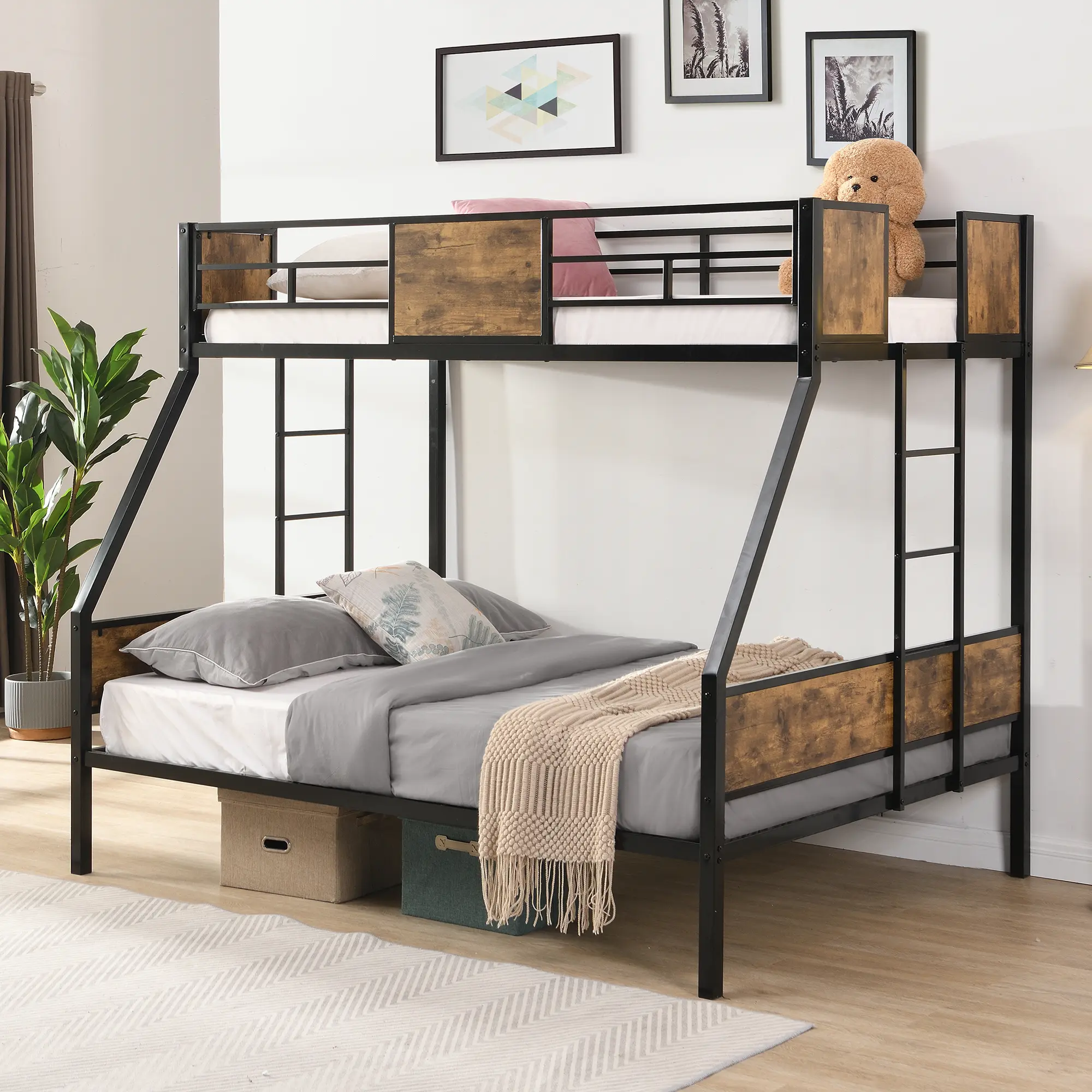 ARCH Twin Over Full Metal Bunk Bed with Side Ladder and Full-Length Guardrail, No Box Spring Needed, Large Under Bed Storage, Easy Assembly, Black & Brown Finish, Space-Saving Bed Frame for Kids Bedroom, Durable Steel Construction