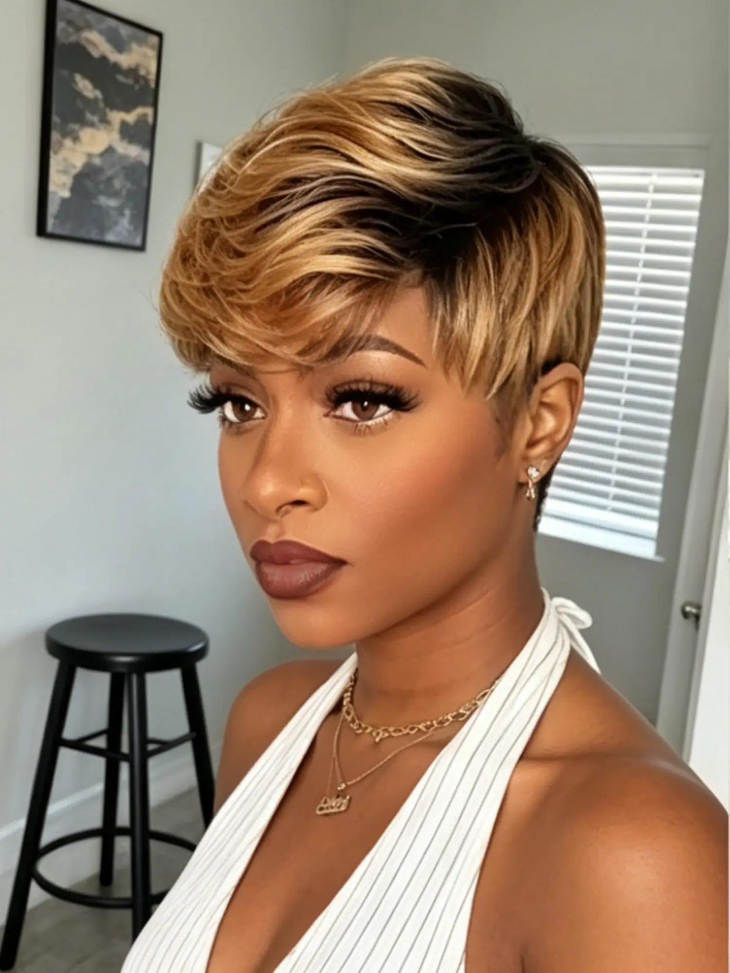 1bt30 Highlight Short Pixie Cut Human Hair Wigs, Machine Made Natural Wigs for Women