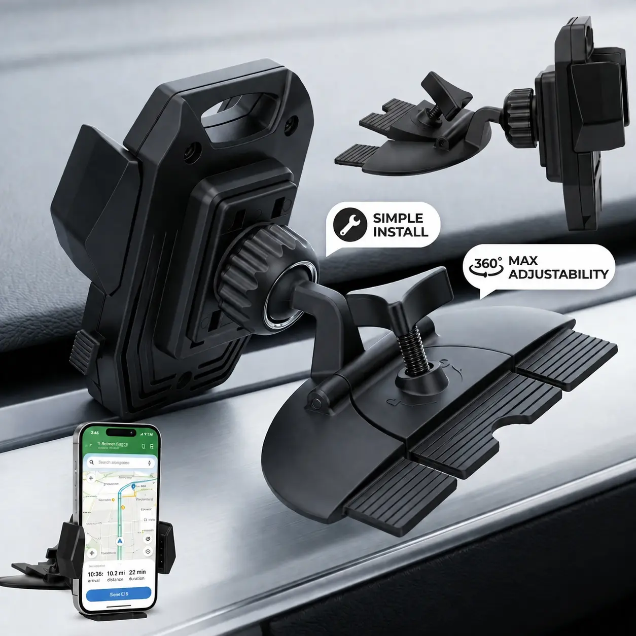 Universal CD Slot Car Phone Holder, Anti-Vibration CD Slot Lock Driving Aid with Maximum Grip Stability, 360° Fluid Vision Rotation, Expansion Blade Assembly for iPhone 15 & Preceding Models
