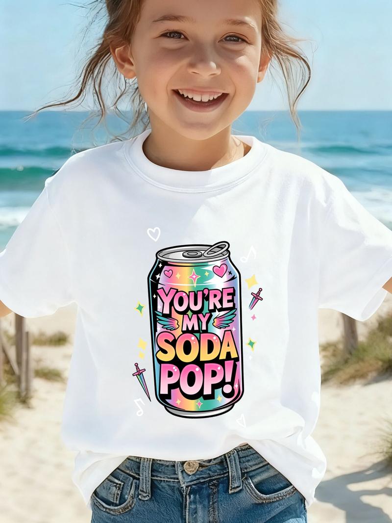 Girls' "YOU RE MY SODA POP" K-pop T-Shirt - Cute Soda Can Top with Round Neck, Short Sleeve Spring Summer Casual Wear Suitable for K-pop Fans & Everyday Outfits