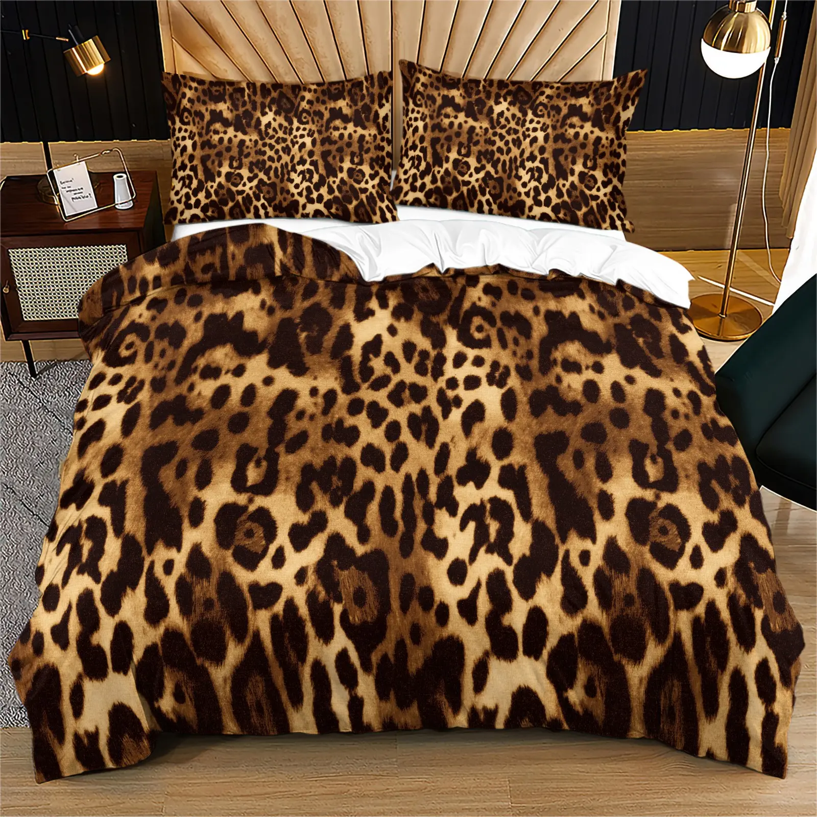 Classic Brown Leopard Fur Spot Print Duvet Cover Set, Wild Animal Skin Texture Fashion Bedding Set, Soft Breathable Washable Bed Cover With Zipper & Corner Ties, Includes 2 Pillowcases - without Core