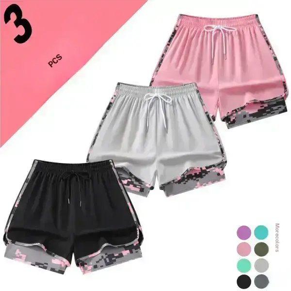 Unisex summer quick-dry breathable athletic shorts, 3-pack. Faux two-layer design, anti-exposure design, camouflage piping, curved hem—suitable for fitness, running, and yoga; perfect for a summer vibe.