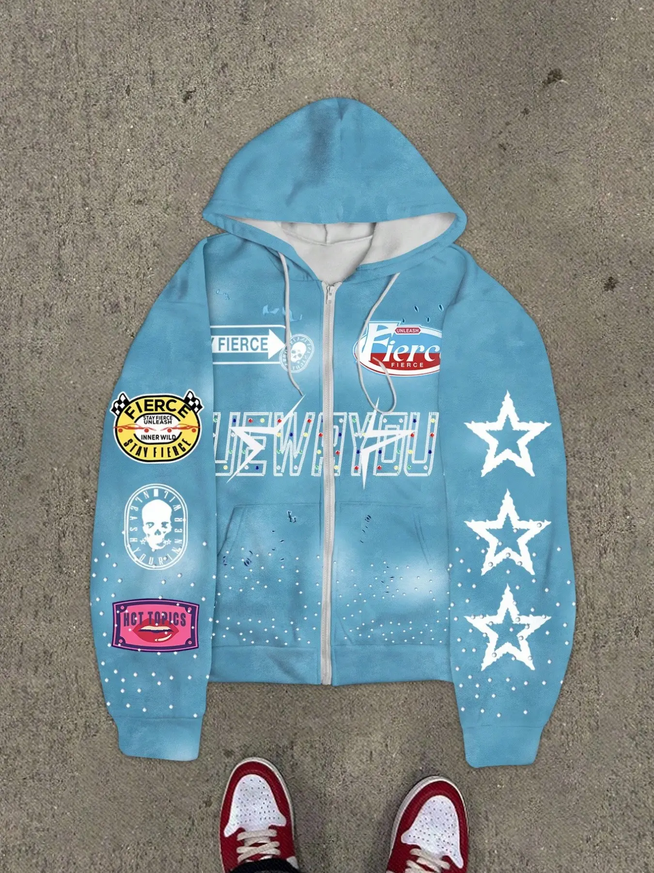 Men's Y2K Style Zipper Hoodie, Star Badge Print Hip Hop Vintage Style Streetwear, Long Sleeve Fitted Jacket, Winter Casual Clothing