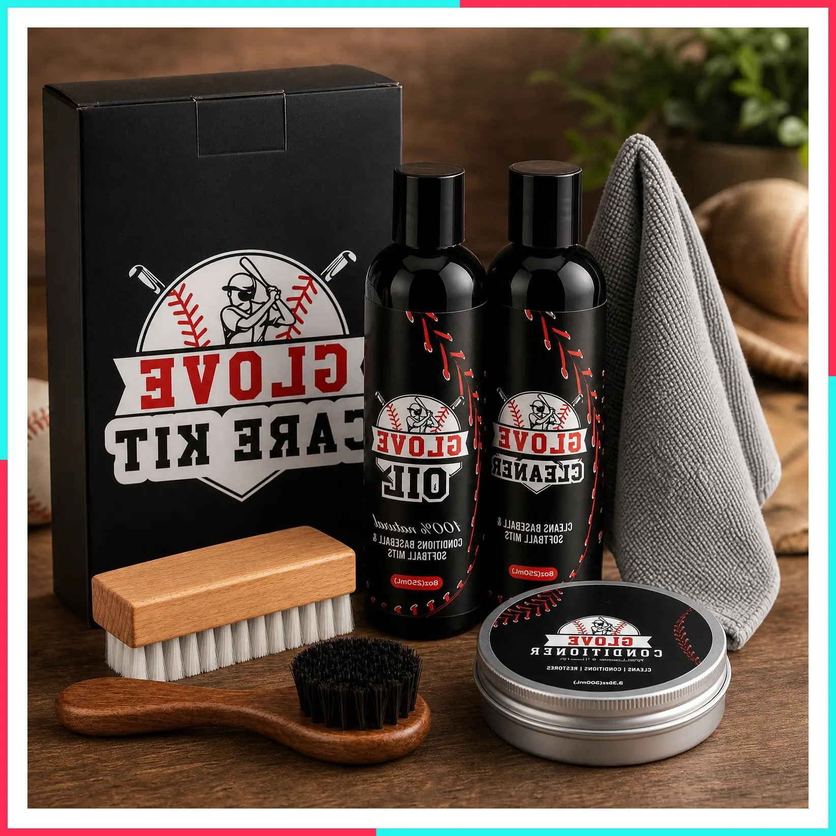 Complete Leather Baseball Glove Care Kit – Cleaner (8oz), Oil (8oz), Conditioner (3.38oz), 2 Applicators & Cloth for Baseball, Softball, Catcher’s Mitts & More