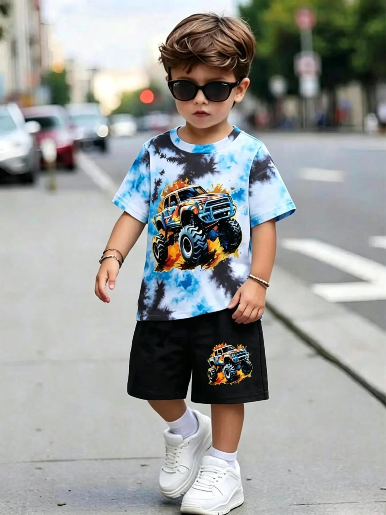 Kids Flame Monster Truck Short Sleeve Set, Boys Fashion Casual T-shirt And Shorts 2 Piece Outfit, Trendy Summer Kids Clothing 2026 New Arrival