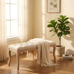 Aobtkel®Bedroom Bench, French Vintage Tufted Entryway Bench, 43.3" Carving Upholstered End of Bed Bench with Distressed Wood Legs, Linen Ottoman Seat for Living Room, Foyer, Dining Room