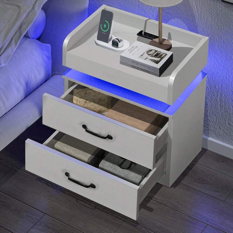 Night Stand with Charging Station, LED Lights & Drawers, Modern Bedside Table for Bedroom (White/Black/Grey) Night Stand with Charging Station, LED Lights & Drawers, Modern Bedside Table for Bedroom (White/Black/Grey)