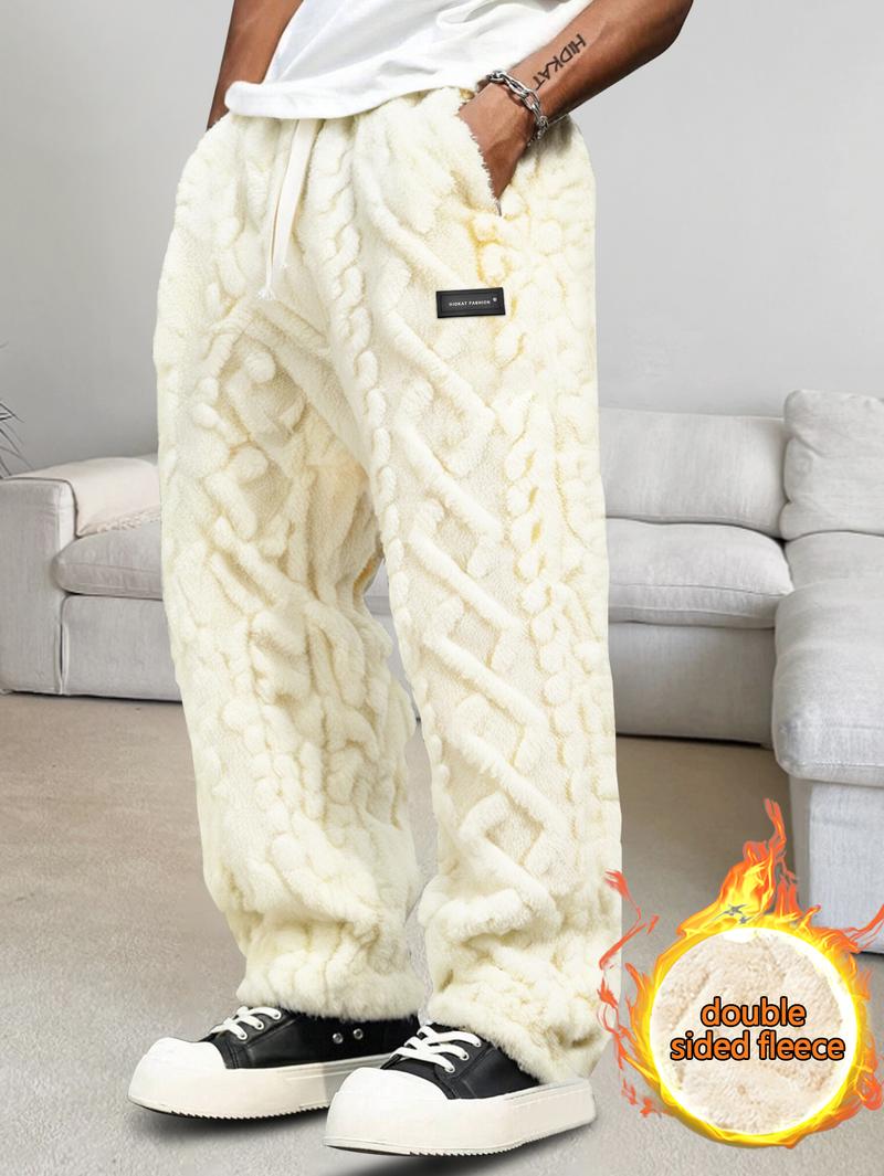 Men's Heavyweight Winter Trousers - Thickened Durable Non-Stretch, Elastic Drawstring Waist + Geometric Pattern, Cold-Weather Everyday/Outdoor Pants