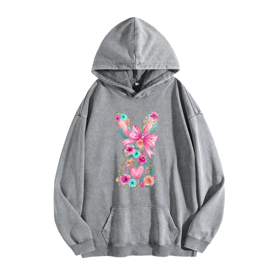 Wayii Women Vintage Floral Bunny Graphic Oversized Hoodie, Drop Shoulder Loose Pullover Sweatshirt Casual Streetwear Long Sleeve Tops