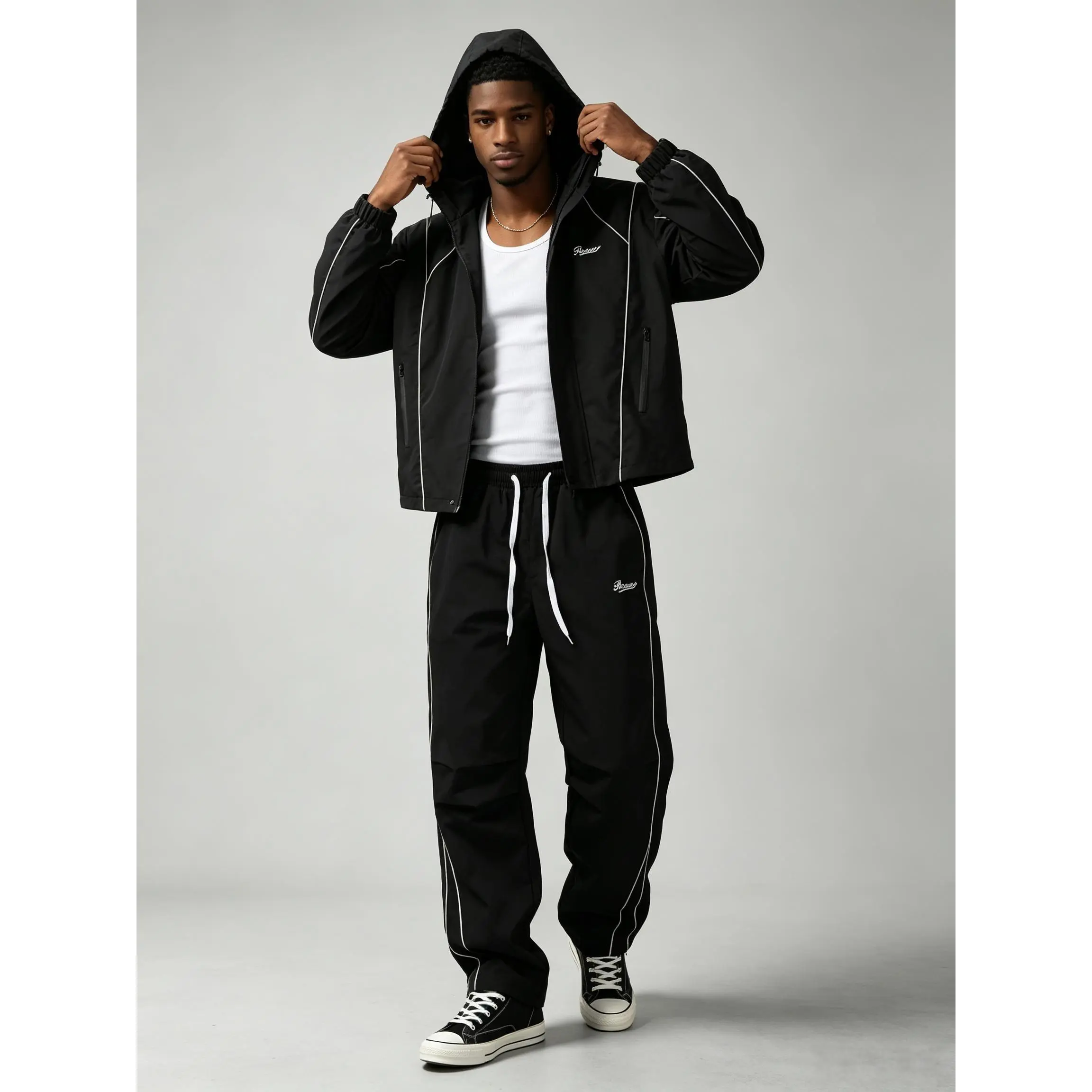 Men's 2 Piece Hip Hop Tracksuit Set, Lightweight Hooded Windbreaker Jacket & Straight Leg Pants with White Contrast Piping & Zipper Pockets, Casual Streetwear Athletic Daily Wear for Men