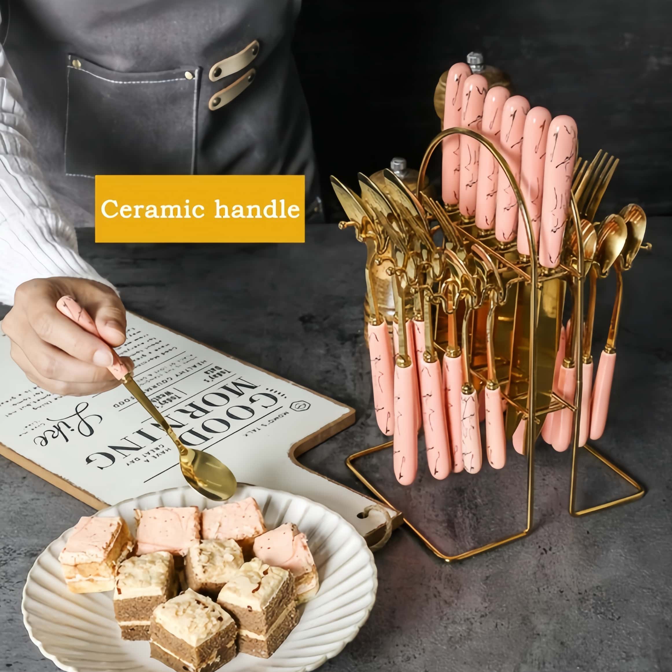 Modern Stainless Steel Cutlery Set with Holder, 24pcs/set Including Knives, Forks, and Spoons, Tableware Set for Home Kitchen Dining Room, Utensils