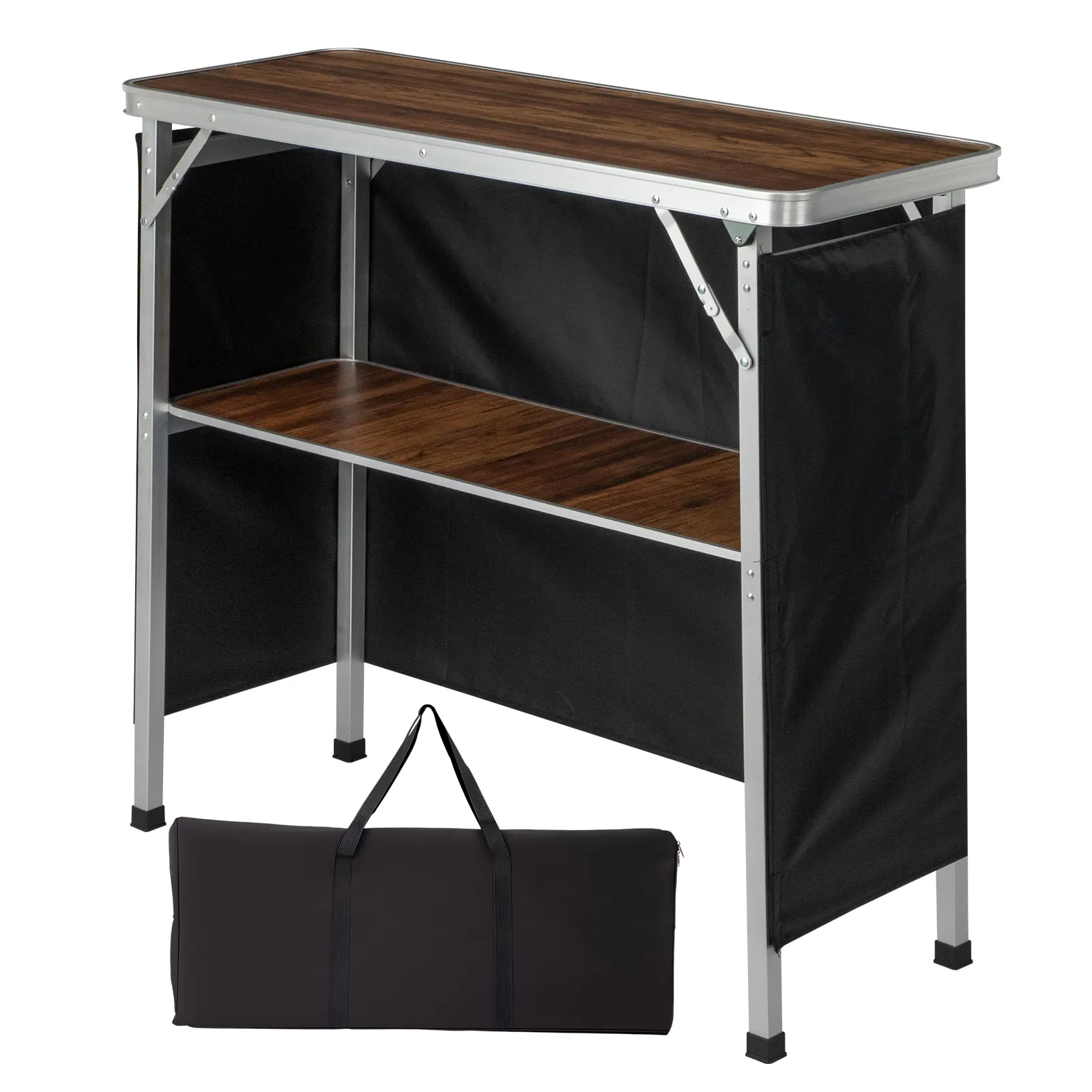 Brown Wood Tone Foldable Portable Bar Table with Shelves and Legs, Black Skirt & Carrying Bag Tradeshow Podium Table, (100x38x88)cm/(39.4x15.0x34.6)in for Indoor-Outdoor Party Exhibition