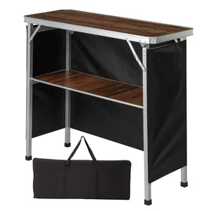 Brown Wood Tone Foldable Portable Bar Table with Shelves and Legs, Black Skirt & Carrying Bag Tradeshow Podium Table, (100x38x88)cm/(39.4x15.0x34.6)in for Indoor-Outdoor Party Exhibition