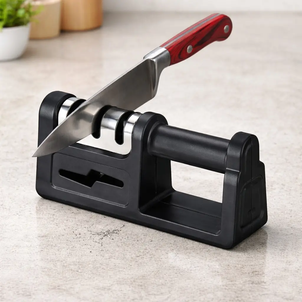 Professional 4-in-1 Knife Sharpener: Diamond & Tungsten Core for Kitchen & Outdoor Tools, Safe Grip, Sharpens Scissors & Blades, Portable Precision Sharpening Kit for Home, Hunting and Daily Use.