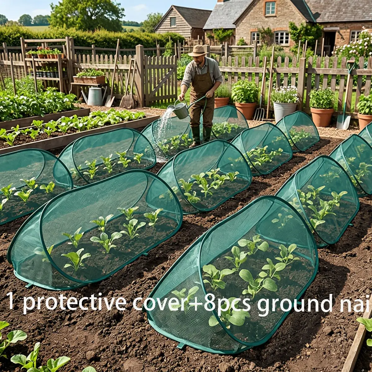 Pop-Up Plant Protection Kit, Includes 1 Plant Cover and 8 Stakes, Bird and Pest Net for Vegetables Fruits Flowers, Outdoor Gardening Supplies