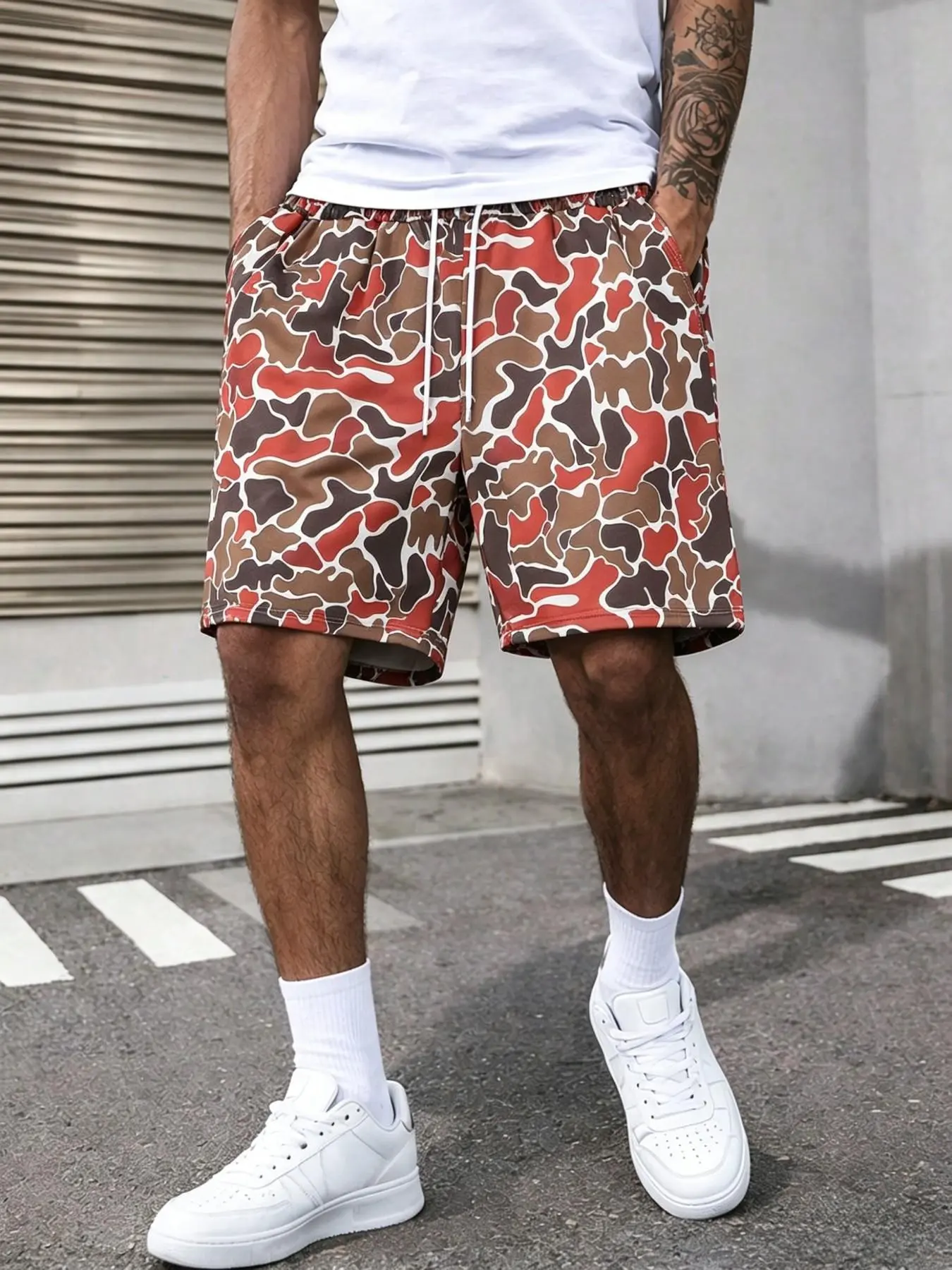 Men Red Brown Duck Camo Drawstring Waist Shorts - Summer Vintage Oversized Streetwear for Teen Boys, Young Adults | Beach, Vacation, Gym, Daily Outdoor Wear