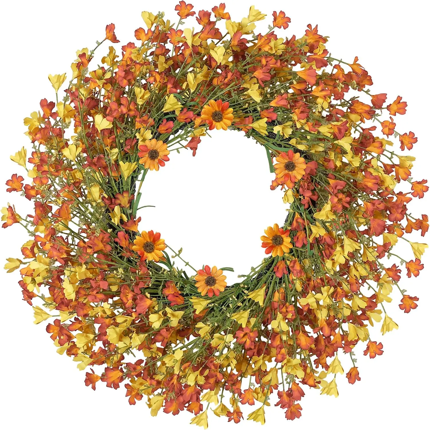 24 Inch Large Summer Spring Wreaths for Front Door, Daisy Wreath for Front Door Artificial Floral with Wild Floral for Farmhouse Porch Wall Living Room Home Decor-Orange