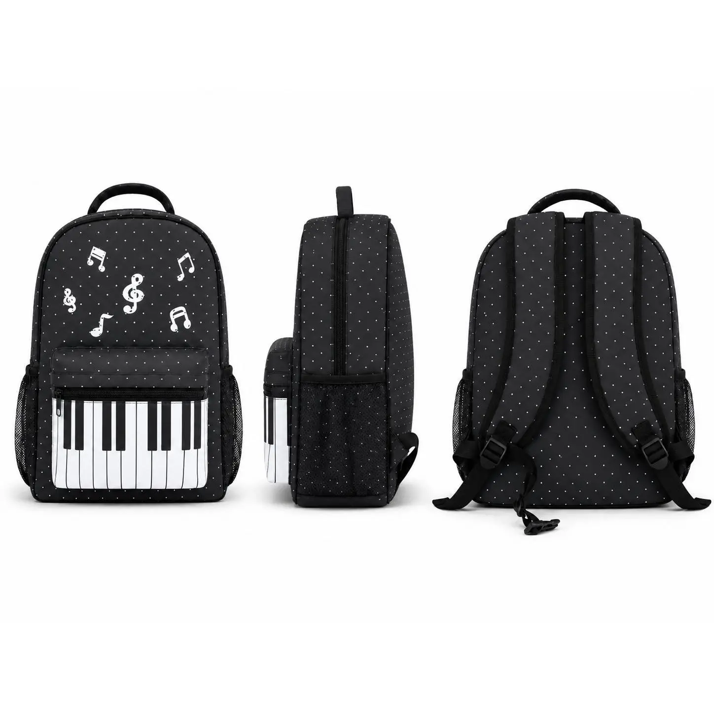 Black Piano Keyboard Music School Backpack for Kids Girls Boys, Music Note Print Bookbag with Front Zipper Pocket, Dual Side Mesh Pockets and Top Handle, Aesthetic Elementary Middle School Daypack for Back to School, Classroom, Travel and Daily Use
