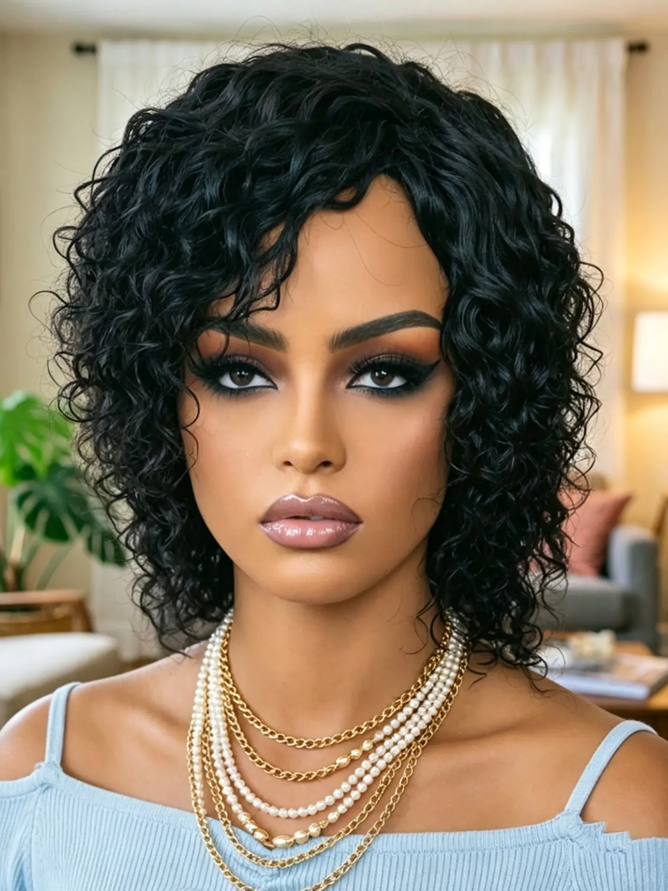 Side-part Water Wave Wig Human Hair Wig Wavy Short Bob Cut Wigs  Full Machine Made Loose Wave Wig