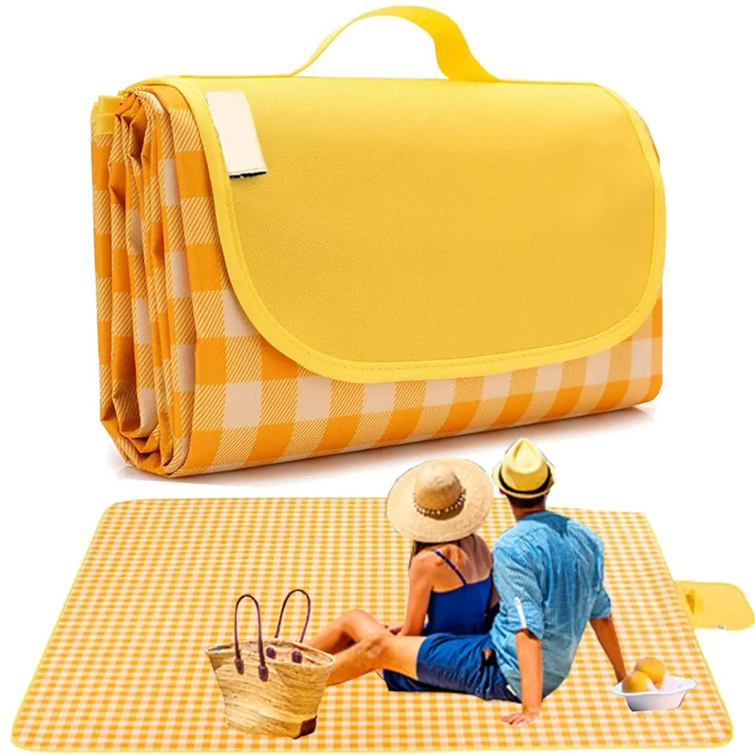 Portable Outdoor Picnic Blanket, Large Waterproof Foldable Beach Mat, Easy-to-Carry Yellow Gingham Blanket for Camping and Park,Bulk