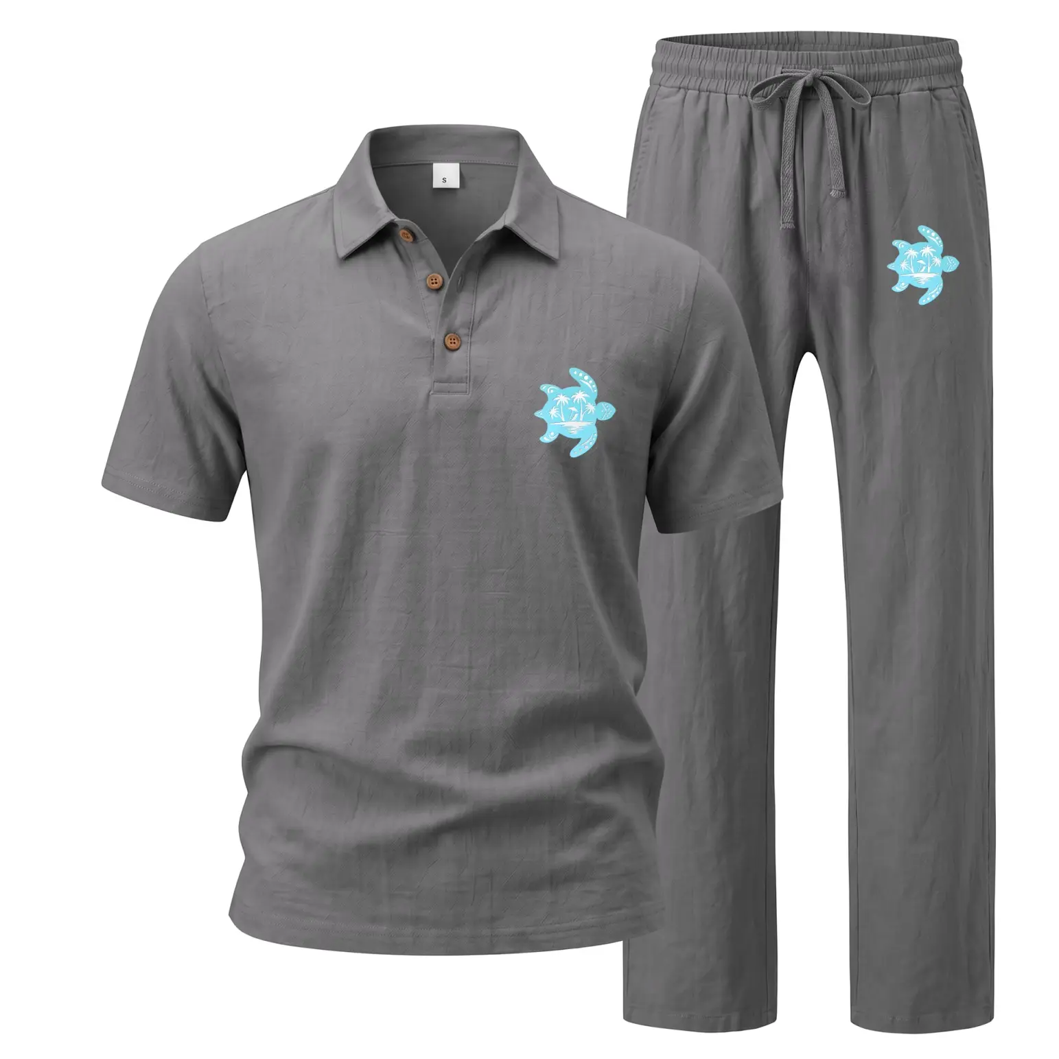 Men's Linen Cotton Polo Shirt and Pants Set, Casual 2 Piece Summer Outfit with Tropical Graphic, Lightweight Breathable Matching Set for Beach Vacation, Travel, Golf, Resort Wear