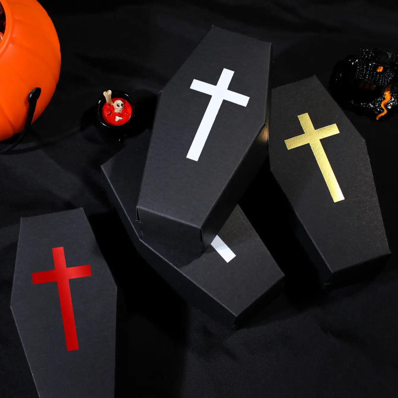 5pcs Halloween Coffin Candy Boxes with Cross Design, Black Cardboard Favor Box with Gold and White Print, Gothic Party Treat Box for Kids Adults Trick or Treat Supplies, Spooky Gift Packaging with Unique Shape
