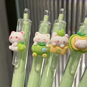 3/6Pcs Cute Apple Cat Quick Dry Question Pen Student Pendant Gift Girly Black Click Pen, Retractable Design, Random Color, Plastic Material, Ballpoint Pen, Neutral Pen Tip, School and Office Supplies