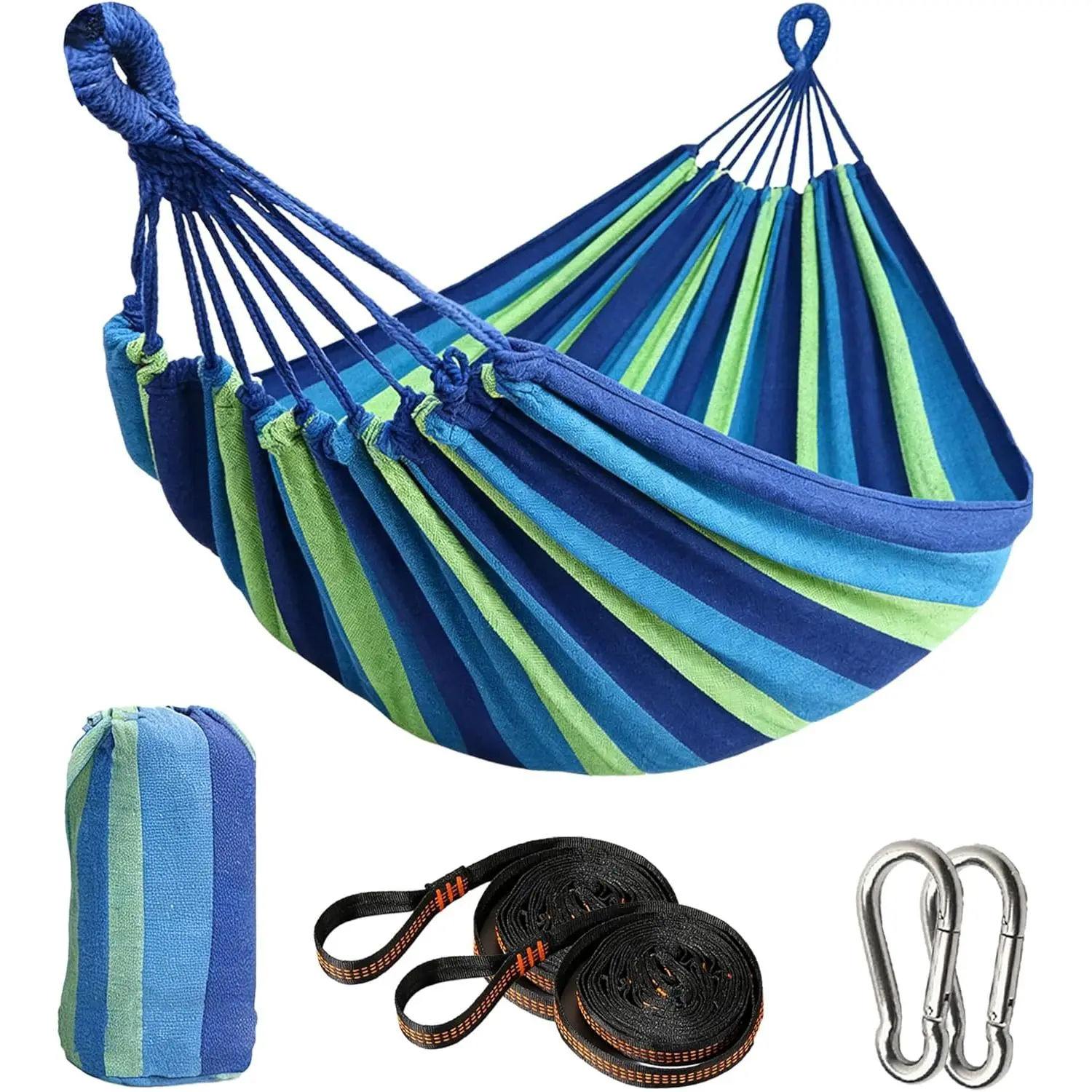 Striped Cotton Cozy Durable Outdoor Hammock Set, Sturdy Safe Heavy-Duty Portable Camping Gear (74.8"l * 59"w, 300lb Capacity), Includes Tree Straps & Carabiners, Unisex Blue Stripe for Outdoor Relaxation