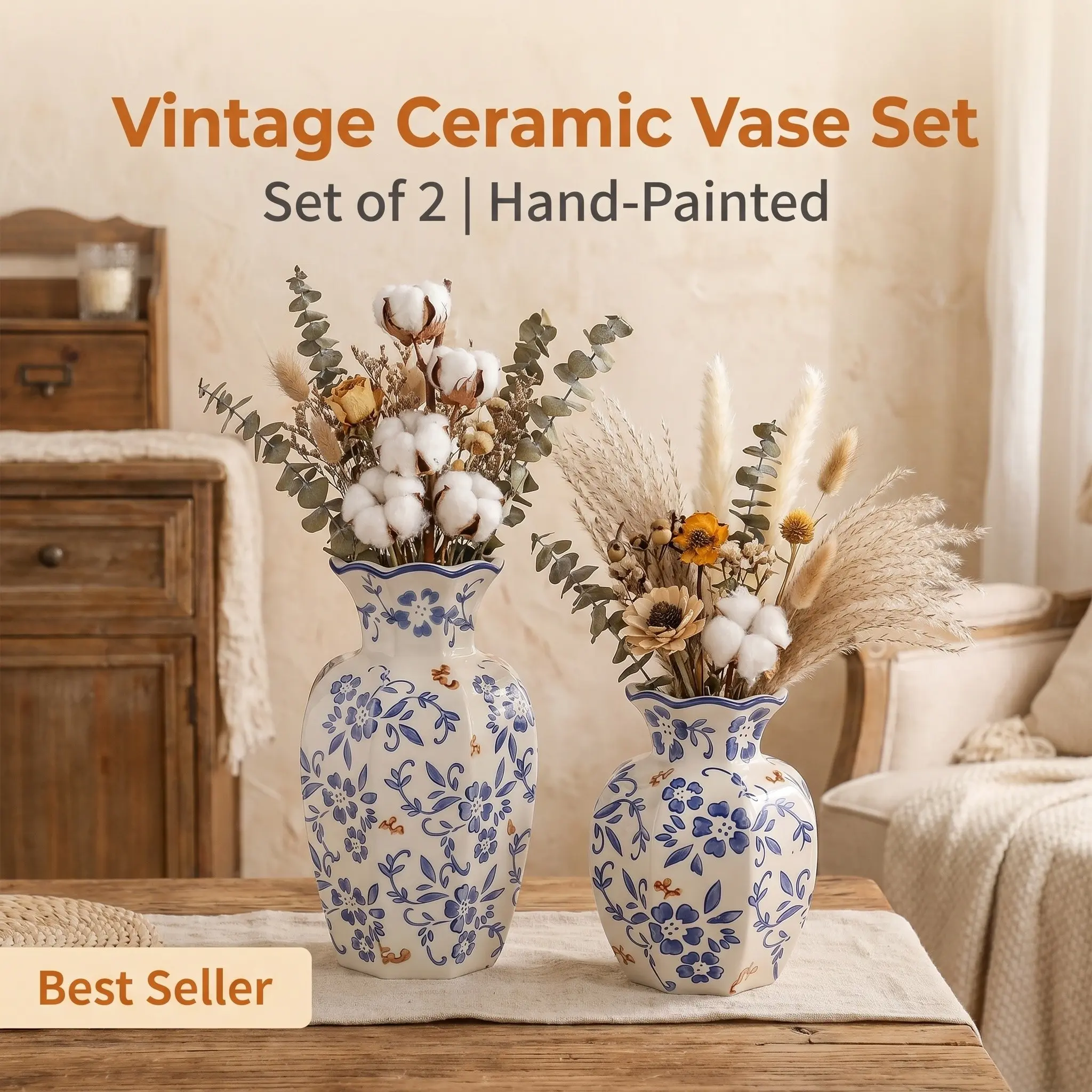 Vintage Oriental Blue And White Porcelain Vase Set of 2, Home Decorative Vase, Hand Painted Floral Vases Large & Small Matching Design, Chinese Style Tabletop Flower Arrangement Vase for Living Room Bedroom Home Decor, Housewarming Gift