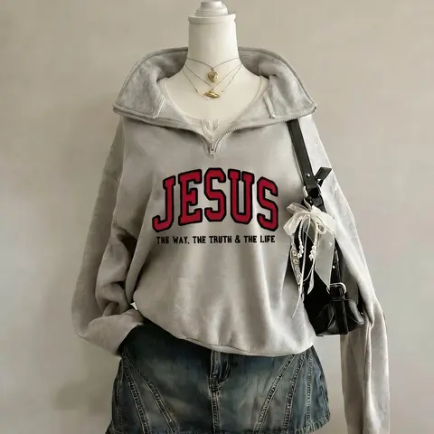 JESUS Aesthetic Half-Zip Loose Baggy Oversized Long-Sleeve Hoodie Sweatshirt, Y2K Christian Graphic Top, Cozy Fleece Drop-Shoulder Pullover, Vintage Washed Finish, Casual Hooded Sweatshirts Daily & Streetwear for Women
