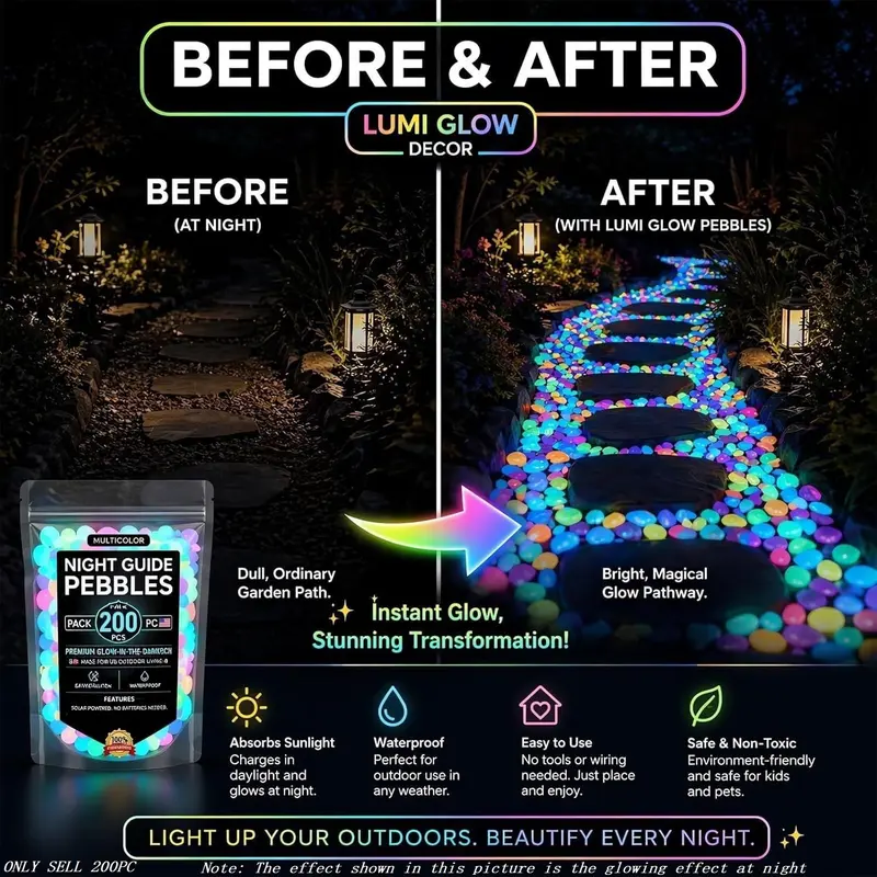 200pcs/600pcs Creative DIY Colorful Glow Garden Stones, Decorative Stones, Night Light Pebbles, Outdoor Courtyard & Aquarium Decor, Outdoor Garden Accessories
