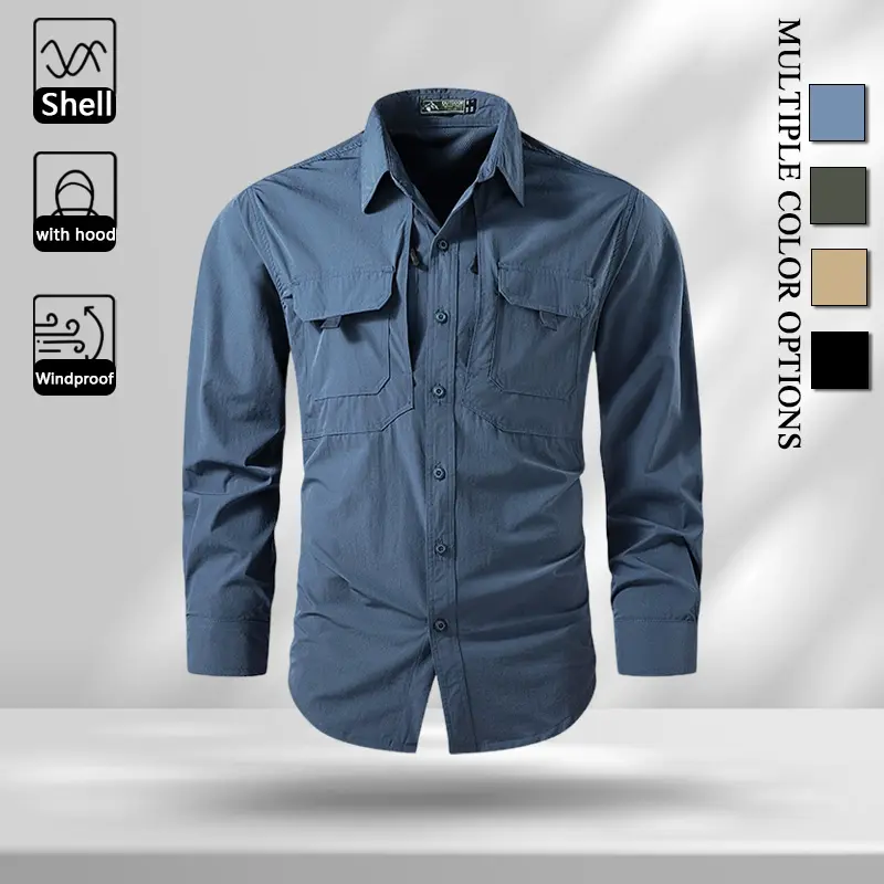 Men Nylon Long Sleeve Cargo Shirt, Windproof Turn Down Collar Casual Button Up Top, Loose Fit Outdoor Work Shacket With Waterproof Sealed Zipper Chest Pockets, Multi Pocket Lightweight Tactical Shirt For Spring Autumn Daily Outfits