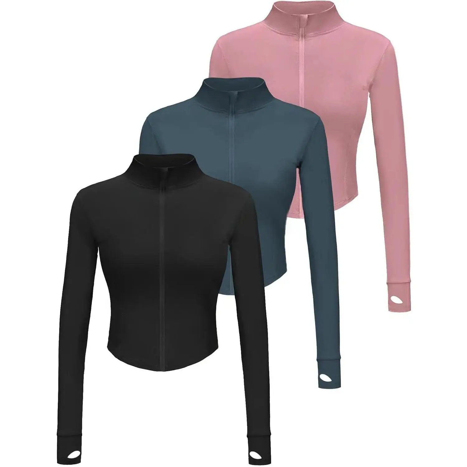 3 Pack Women's Cropped Full Zip Workout Jacket with Thumb Holes - Slim Fit Compression Running Gym Yoga Activewear TopsGift