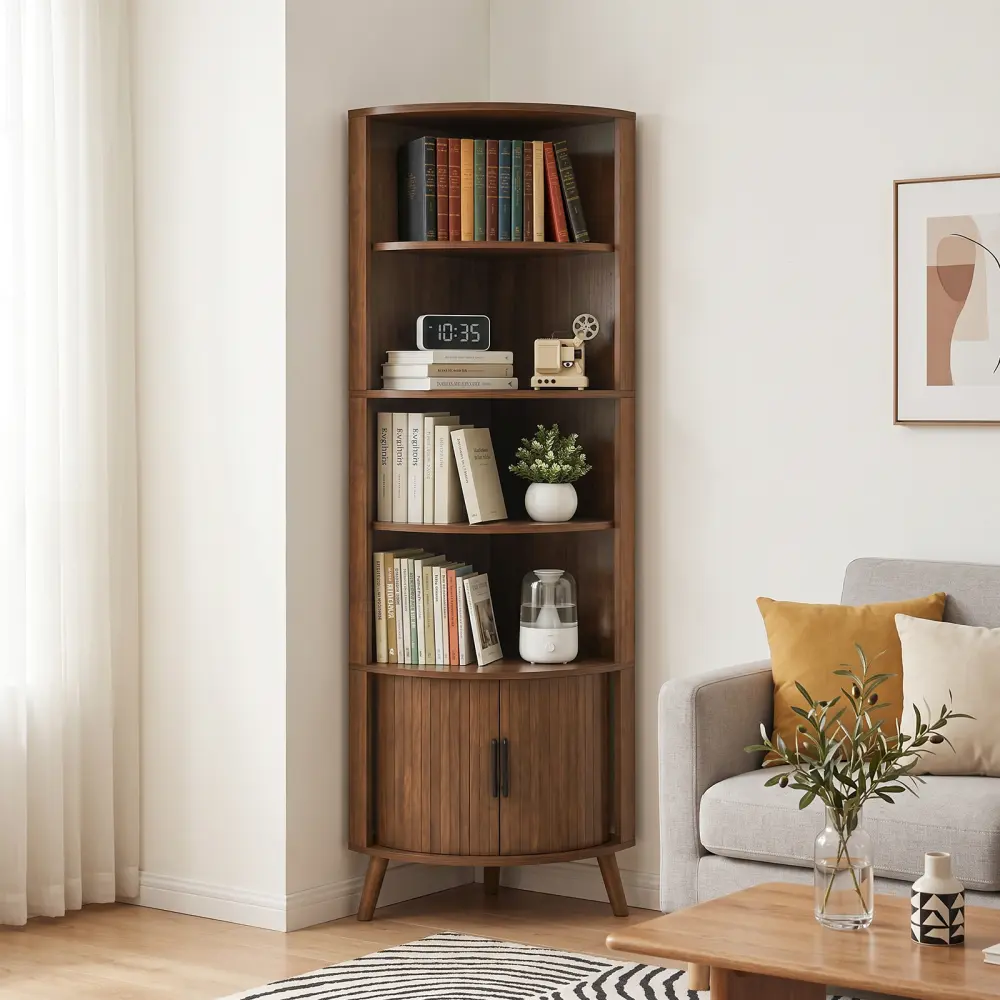 5-Tier Corner Shelf, 67'' Tall Corner Bookshelf, Freestanding Wood Corner Shelf with Sliding Doors & Open Shelves, Saving Space, Modern Corner Storage Cabinet for Living Room, Kitchen, Office (Walnut)