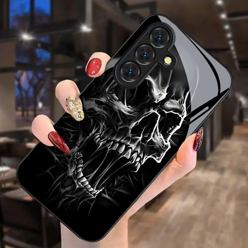 Phone Case: Dark Skull Pattern Phone Case, Suitable for Samsung Galaxy S9+/S10/S20+/S20 Ultra/S21 5G/S21+/S22/S23 PLUS/S24 Plus/S25/S26 Edge/Note 9/Note 10/Note 10+/Note 20/Note 20 Ultra, Drop-Proof Tempered Glass Protective Cover, Stylish and Trendy