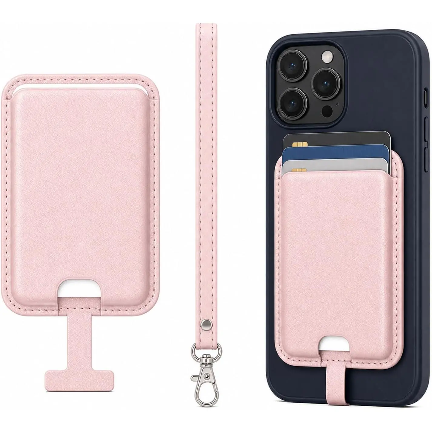 MagSafe Wallet with Wrist Strap, 3 Card Holder with RFID Blocking, MagSafe Sticker Included, Slim  Phone Wallet for  17e/17/16/15/14/13/12 Series and Selected  Devices